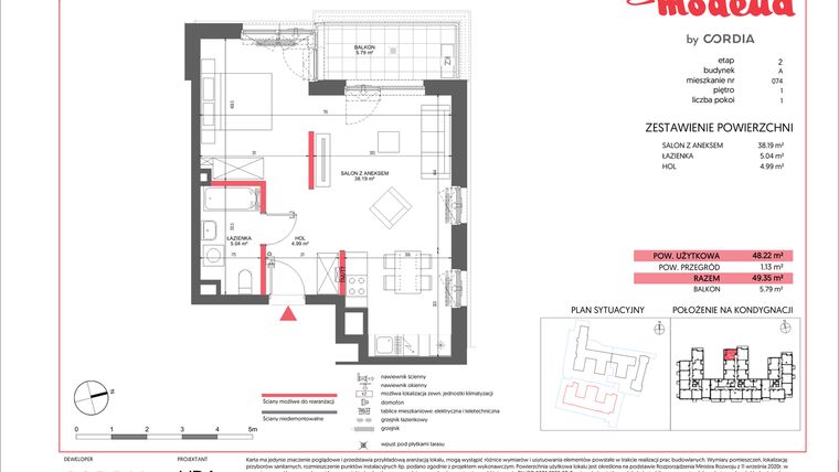 Rzut - Mieszkanie na sprzedaż 1 pokój o powierzchni 48,22 m² - numer A.074 w Modena II