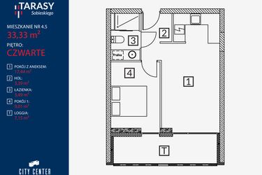 Rzut - Mieszkanie na sprzedaż 2 pokoje o powierzchni 33,33 m² - numer B2.M.4.5 w Tarasy Sobieskiego