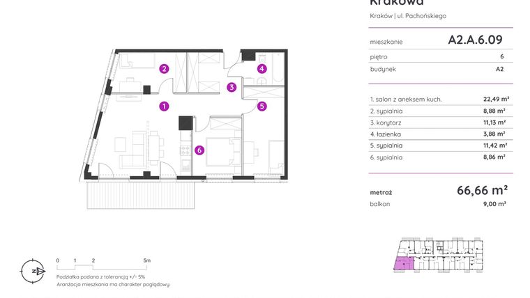 Rzut - Mieszkanie na sprzedaż 4 pokoje o powierzchni 66,66 m² - numer A2.A.6.09 w Murapol Parki Krakowa