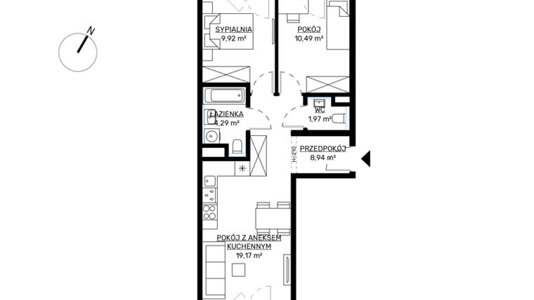 Rzut - Mieszkanie na sprzedaż 3 pokoje o powierzchni 54,78 m² - numer M59 w KWADRAT etap 2