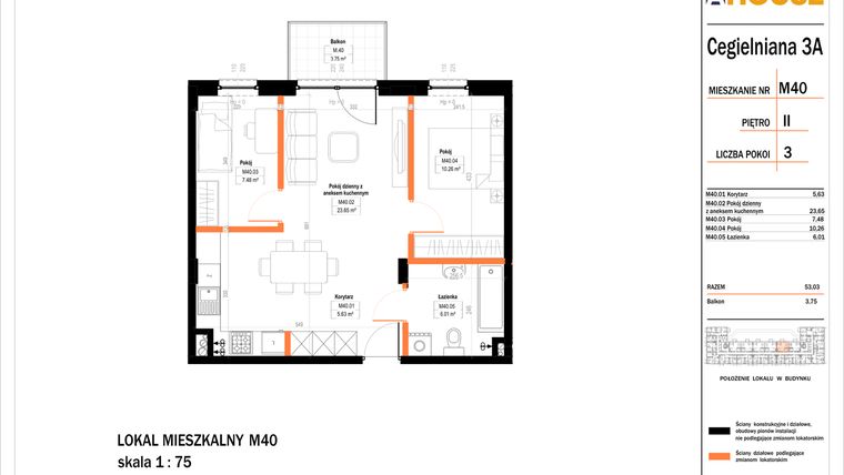 Rzut - Mieszkanie na sprzedaż 3 pokoje o powierzchni 53,03 m² - numer 40 w Osiedle StaLove etap II