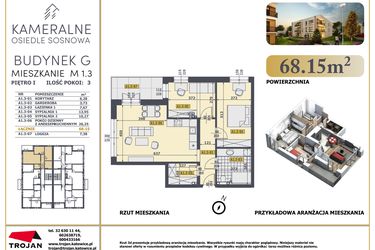 Rzut - Mieszkanie na sprzedaż 3 pokoje o powierzchni 67,71 m² - numer M1.3 w Osiedle Sosnowa G