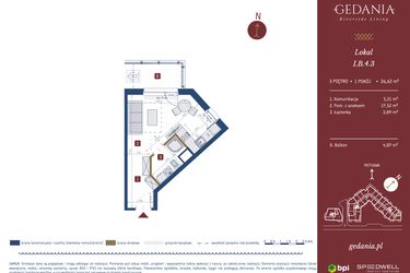 Rzut - Mieszkanie na sprzedaż 1 pokój o powierzchni 26,59 m² - numer I.B.4.3 w GEDANIA Riverside Living - apartamenty inwestycyjne