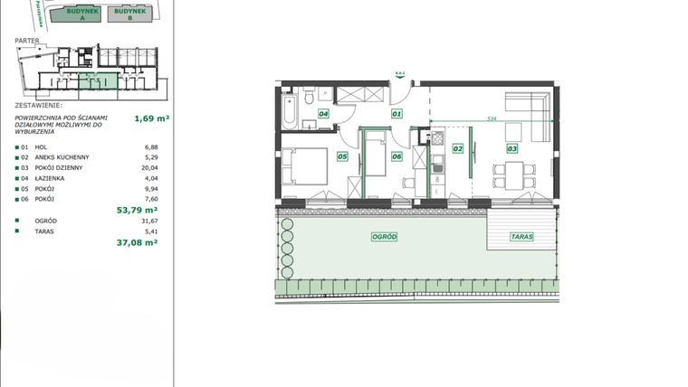 Rzut - Mieszkanie na sprzedaż 3 pokoje o powierzchni 55,43 m² - numer A.0.2 w Apartamenty Pszczyńska
