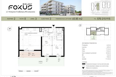 Rzut - Mieszkanie na sprzedaż 3 pokoje o powierzchni 65,85 m² - numer B2-3 w Fokus Bielany
