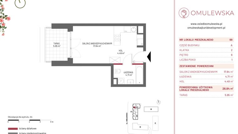 Rzut - Mieszkanie na sprzedaż 1 pokój o powierzchni 26,84 m² - numer A/69 w Omulewska