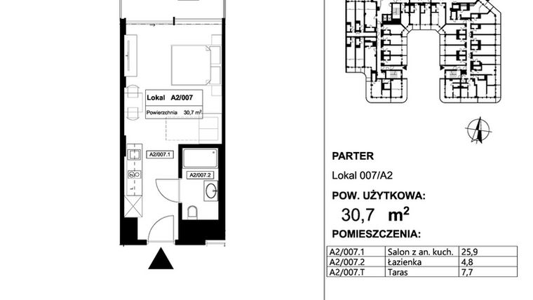 Rzut - Mieszkanie na sprzedaż 1 pokój o powierzchni 30,7 m² - numer 007 w Apollo Resort