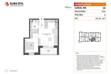 Rzut - Mieszkanie na sprzedaż 2 pokoje o powierzchni 37,41 m² - numer C15.36 w Konstelacja etap VI