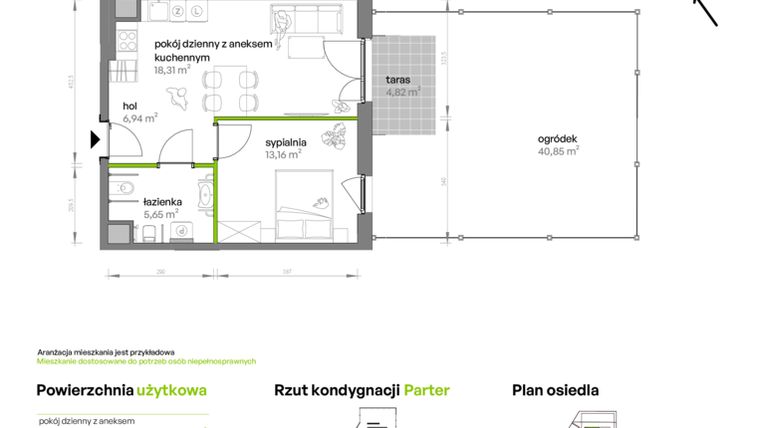 Rzut - Mieszkanie na sprzedaż 2 pokoje o powierzchni 44,06 m² - numer AA0006 w Ptasia Vita