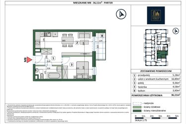 Rzut - Mieszkanie na sprzedaż 2 pokoje o powierzchni 36,11 m² - numer 8 w Osiedle przy Sportowej etap III