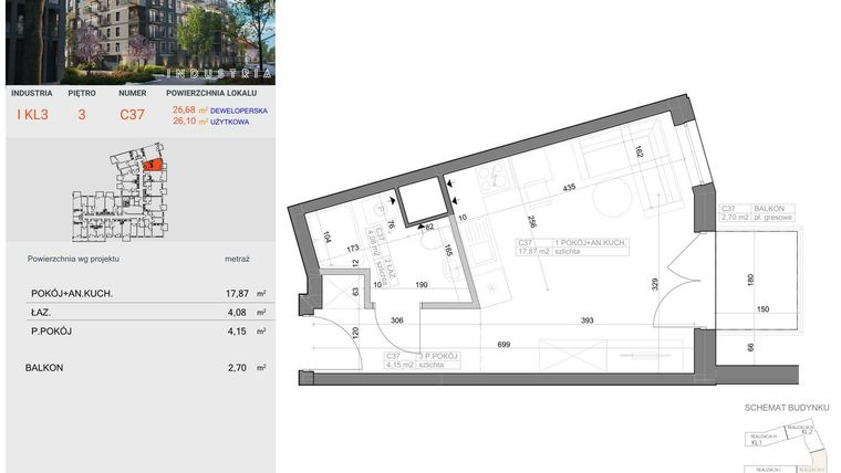 Rzut - Mieszkanie na sprzedaż 1 pokój o powierzchni 26,1 m² - numer I-C37 w Industria etap I-D