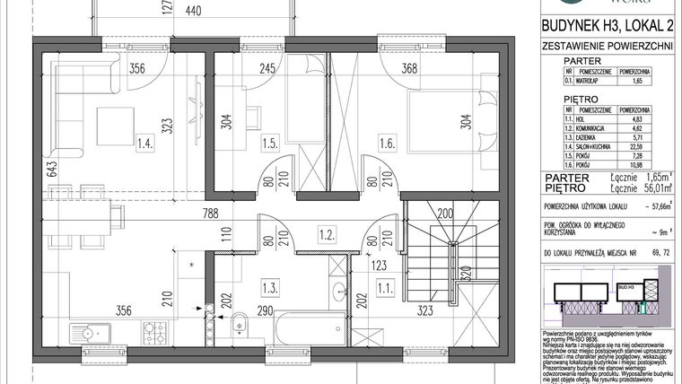 Rzut - Mieszkanie na sprzedaż 3 pokoje o powierzchni 57,66 m² - numer H3.2 w Spokojna Wólka etap V