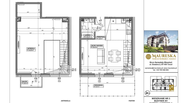 Rzut - Mieszkanie na sprzedaż 1 pokój o powierzchni 68,22 m² - numer B1.3 w Osiedle Maureska