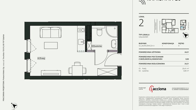 Rzut - Mieszkanie na sprzedaż 1 pokój o powierzchni 24,21 m² - numer 4.2 w Kamienna 28 - apartamenty inwestycyjne