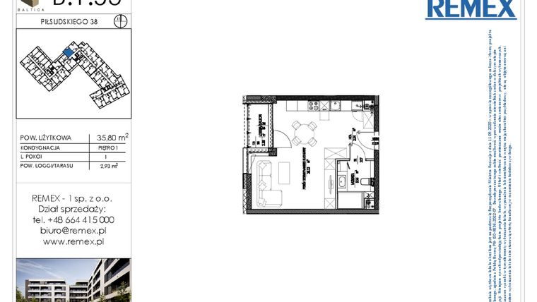 Rzut - Mieszkanie na sprzedaż 1 pokój o powierzchni 35,8 m² - numer B.1.53 w Osiedle BALTICA
