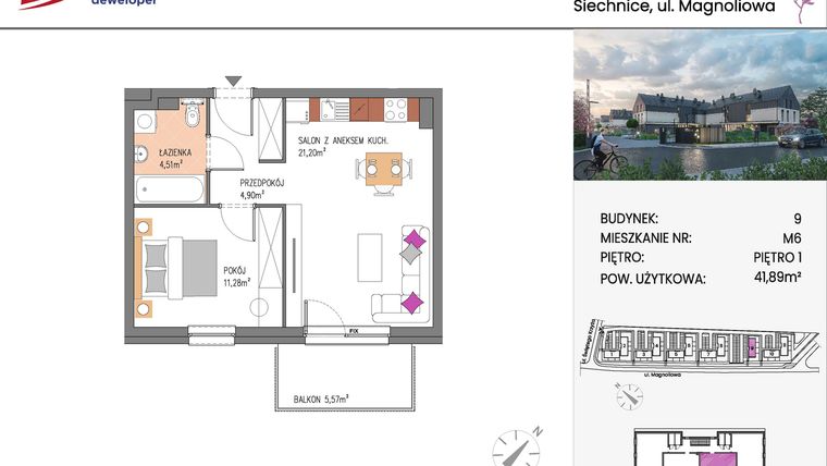 Rzut - Mieszkanie na sprzedaż 2 pokoje o powierzchni 41,89 m² - numer Bud.9-6 w Willa Magnolia