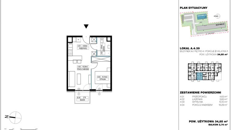 Rzut - Mieszkanie na sprzedaż 2 pokoje o powierzchni 35,42 m² - numer A.4.39 w Jabłonova