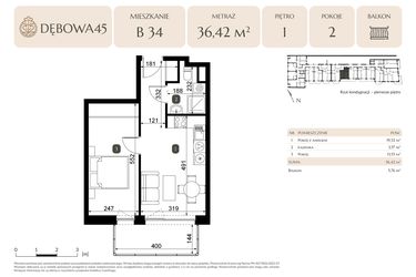 Rzut - Mieszkanie na sprzedaż 2 pokoje o powierzchni 36,42 m² - numer B.34 w Dębowa 45