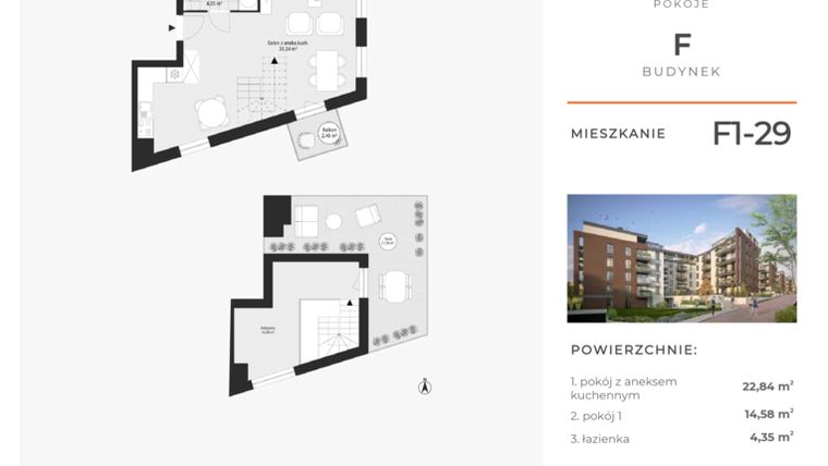 Rzut - Mieszkanie na sprzedaż 2 pokoje o powierzchni 52,27 m² - numer F1-29 w Na Koszutce II