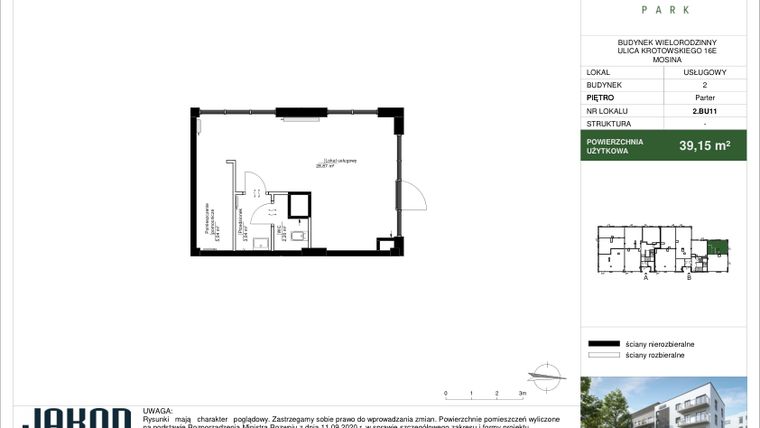 Rzut - Lokal użytkowy na sprzedaż 1 pokój o powierzchni 39,15 m² - numer 2.BU11 w Mosina Park