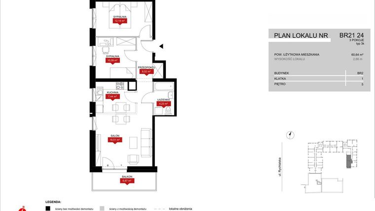 Rzut - Mieszkanie na sprzedaż 3 pokoje o powierzchni 60,93 m² - numer BR21/24 w Browary Wrocławskie 2