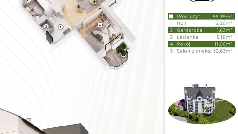 Rzut - Mieszkanie na sprzedaż 2 pokoje o powierzchni 56,98 m² - numer 21.M9 w Osiedle Leśny Zakątek