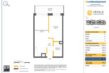 Rzut - Mieszkanie na sprzedaż 2 pokoje o powierzchni 39,03 m² - numer B/115 w Impuls Marywilska