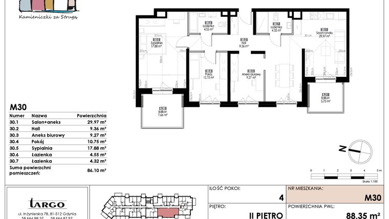 Rzut - Mieszkanie na sprzedaż 4 pokoje o powierzchni 86,1 m² - numer M30 w Kamieniczki za Strugą