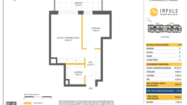 Rzut - Mieszkanie na sprzedaż 2 pokoje o powierzchni 40,7 m² - numer B/113 w Impuls Marywilska