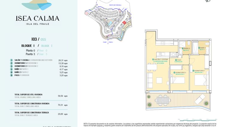 Rzut - Mieszkanie na sprzedaż 2 pokoje o powierzchni 70 m² - numer CAV-MS-5145 w Isea Calma - Aguilas