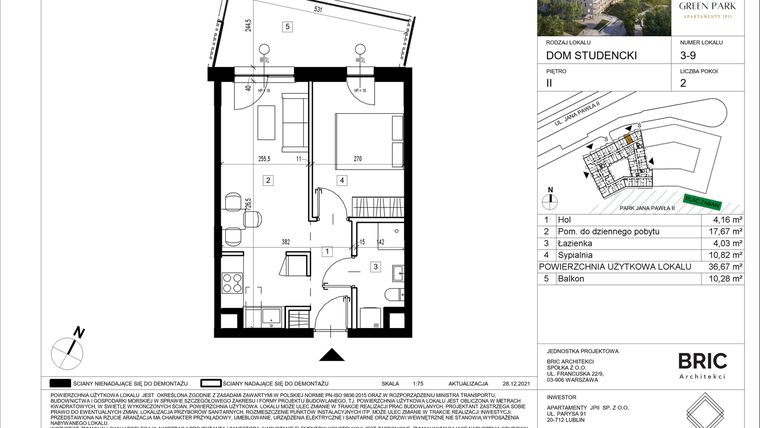 Rzut - Mieszkanie na sprzedaż 2 pokoje o powierzchni 36,67 m² - numer 3-9 w Green Park Apartamenty JPII
