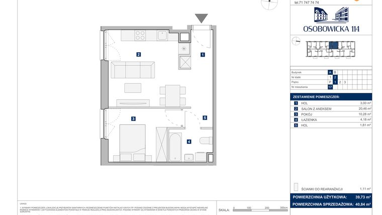 Rzut - Mieszkanie na sprzedaż 2 pokoje o powierzchni 40,84 m² - numer A.17 w Osobowicka 114