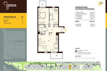 Rzut - Mieszkanie na sprzedaż 3 pokoje o powierzchni 67,63 m² - numer A2.34 w Conrada 27