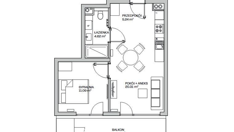 Rzut - Mieszkanie na sprzedaż 2 pokoje o powierzchni 41,26 m² - numer M14 w Zielona Marina - Apartamenty inwestycyjne