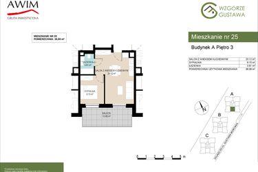 Rzut - Mieszkanie na sprzedaż 2 pokoje o powierzchni 36,09 m² - numer A25 w Wzgórze Gustawa