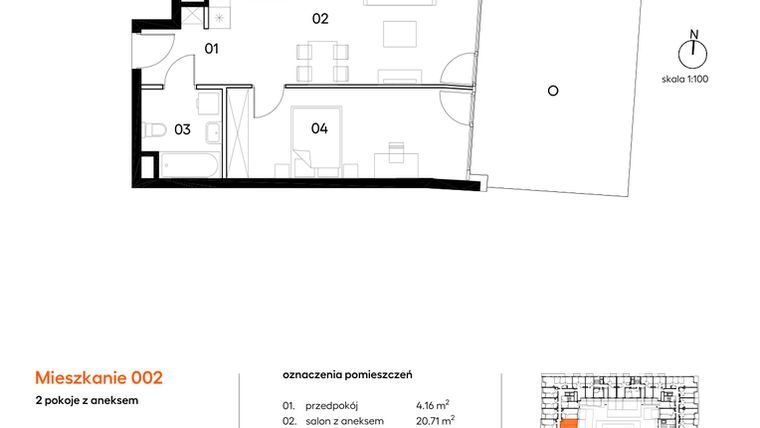 Rzut - Mieszkanie na sprzedaż 2 pokoje o powierzchni 46,31 m² - numer A002 w Miasto Polskich Mistrzów Olimpijskich