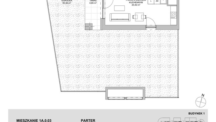 Rzut - Mieszkanie na sprzedaż 2 pokoje o powierzchni 44,46 m² - numer 1A.0.03 w Francuska Park VIIIB