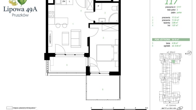 Rzut - Mieszkanie na sprzedaż 2 pokoje o powierzchni 34,18 m² - numer 117C w Lipowa 49A - Apartamenty inwestycyjne