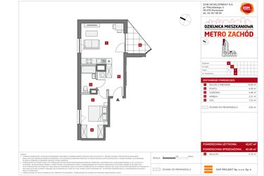 Rzut - Mieszkanie na sprzedaż 2 pokoje o powierzchni 42,67 m² - numer A.37 w Dzielnica Mieszkaniowa Metro Zachód - etap 6