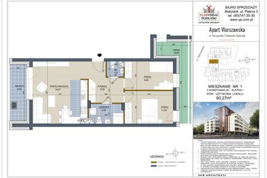 Rzut - Mieszkanie na sprzedaż 3 pokoje o powierzchni 60,27 m² - numer 1 w Apart Warszawska