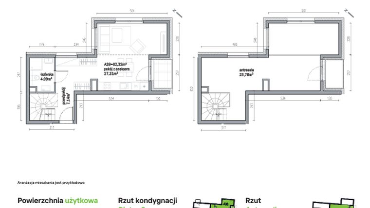 Rzut - Mieszkanie na sprzedaż 2 pokoje o powierzchni 62,32 m² - numer A38 w Traugutta Vita
