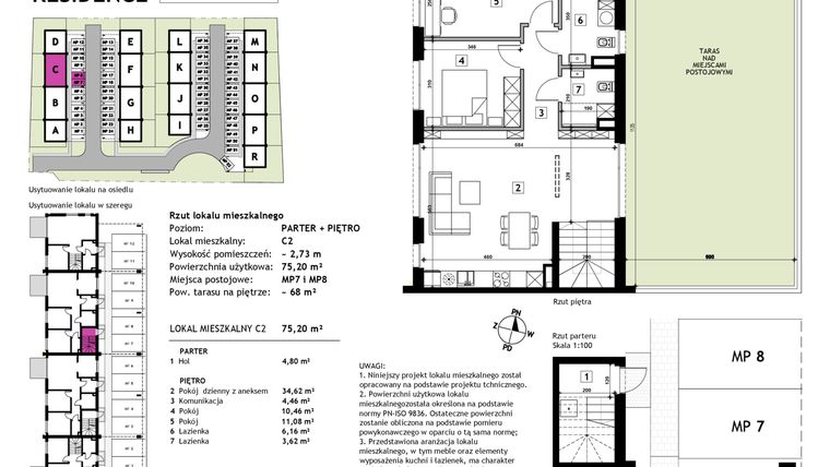 Rzut - Mieszkanie na sprzedaż 3 pokoje o powierzchni 75,2 m² - numer C2 w Złotno Residence