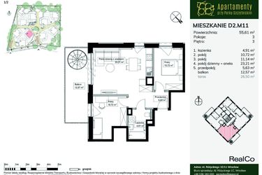 Rzut - Mieszkanie na sprzedaż 3 pokoje o powierzchni 55,61 m² - numer D2.M11 w Apartamenty przy Parku Szczytnickim