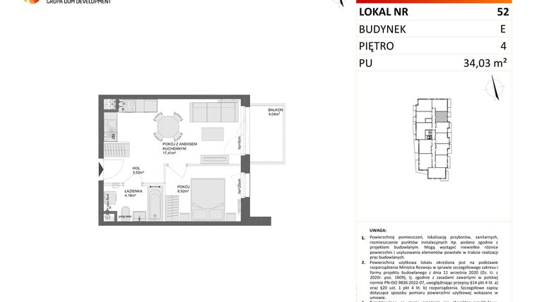 Rzut - Mieszkanie na sprzedaż 2 pokoje o powierzchni 34,03 m² - numer E.52 w Osiedle Synteza etap IV
