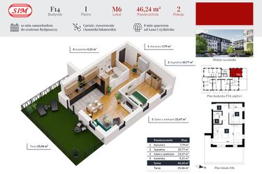 Rzut - Mieszkanie na sprzedaż 2 pokoje o powierzchni 46,24 m² - numer 6 w Tęczowy Zakątek F-14
