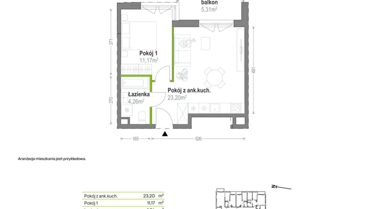 Rzut - Mieszkanie na sprzedaż 2 pokoje o powierzchni 38,63 m² - numer B.A.1.08 w Głębocka Vita