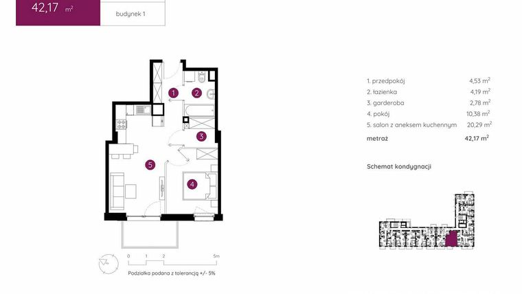 Rzut - Mieszkanie na sprzedaż 2 pokoje o powierzchni 42,17 m² - numer 1.A.6.01 w Murapol Urcity