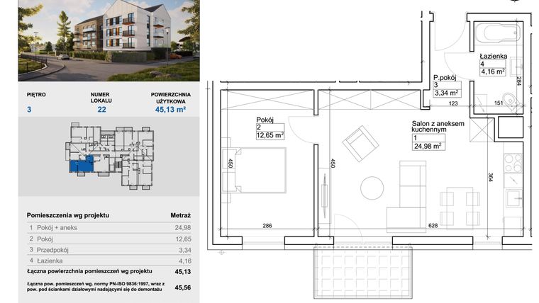 Rzut - Mieszkanie na sprzedaż 2 pokoje o powierzchni 45,35 m² - numer 22 w Balantia