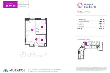 Rzut - Mieszkanie na sprzedaż 2 pokoje o powierzchni 36,04 m² - numer 2.B.2.02 w Murapol Osiedle Filo etap II