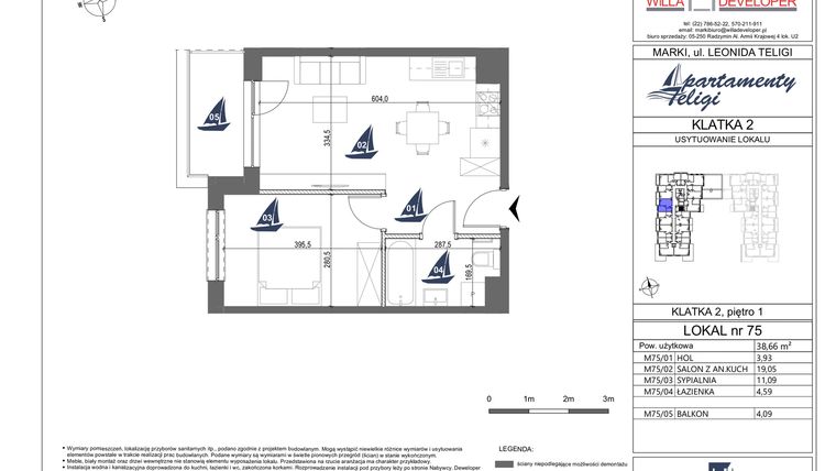 Rzut - Mieszkanie na sprzedaż 2 pokoje o powierzchni 38,66 m² - numer 75 w Apartamenty Teligi